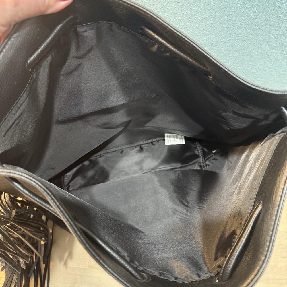 Victoria's Secret Drawstring Bag Fringe Backpack Black Faux Leather Sack NWT - Picture 5 of 11